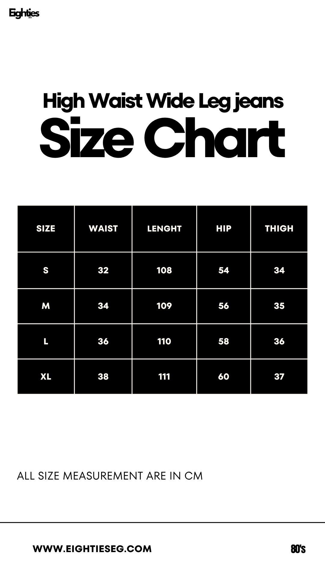 High Waist Wide Leg Denim pants - Dark Blue — Size chart