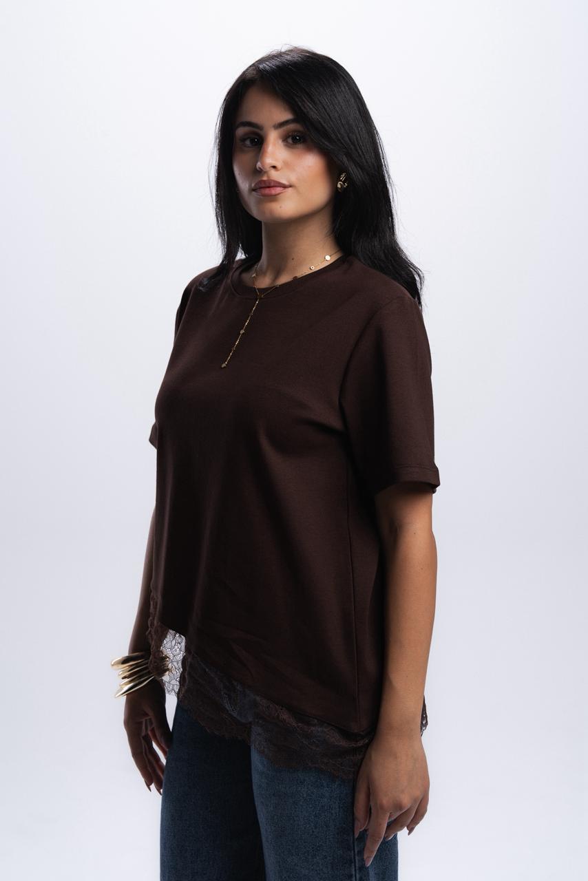 Short Sleeve Lace-Tee - Brown