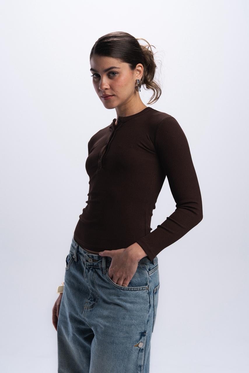 Long Sleeve buttons top - Brown