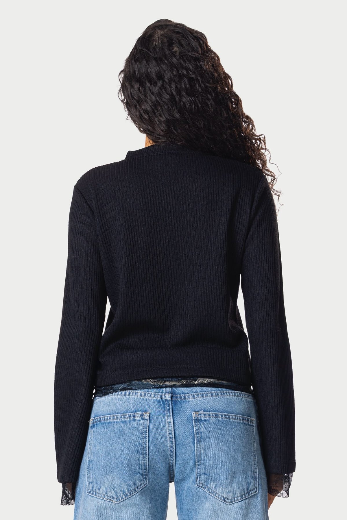 Long sleeve lace buttons top – Black – photo 3