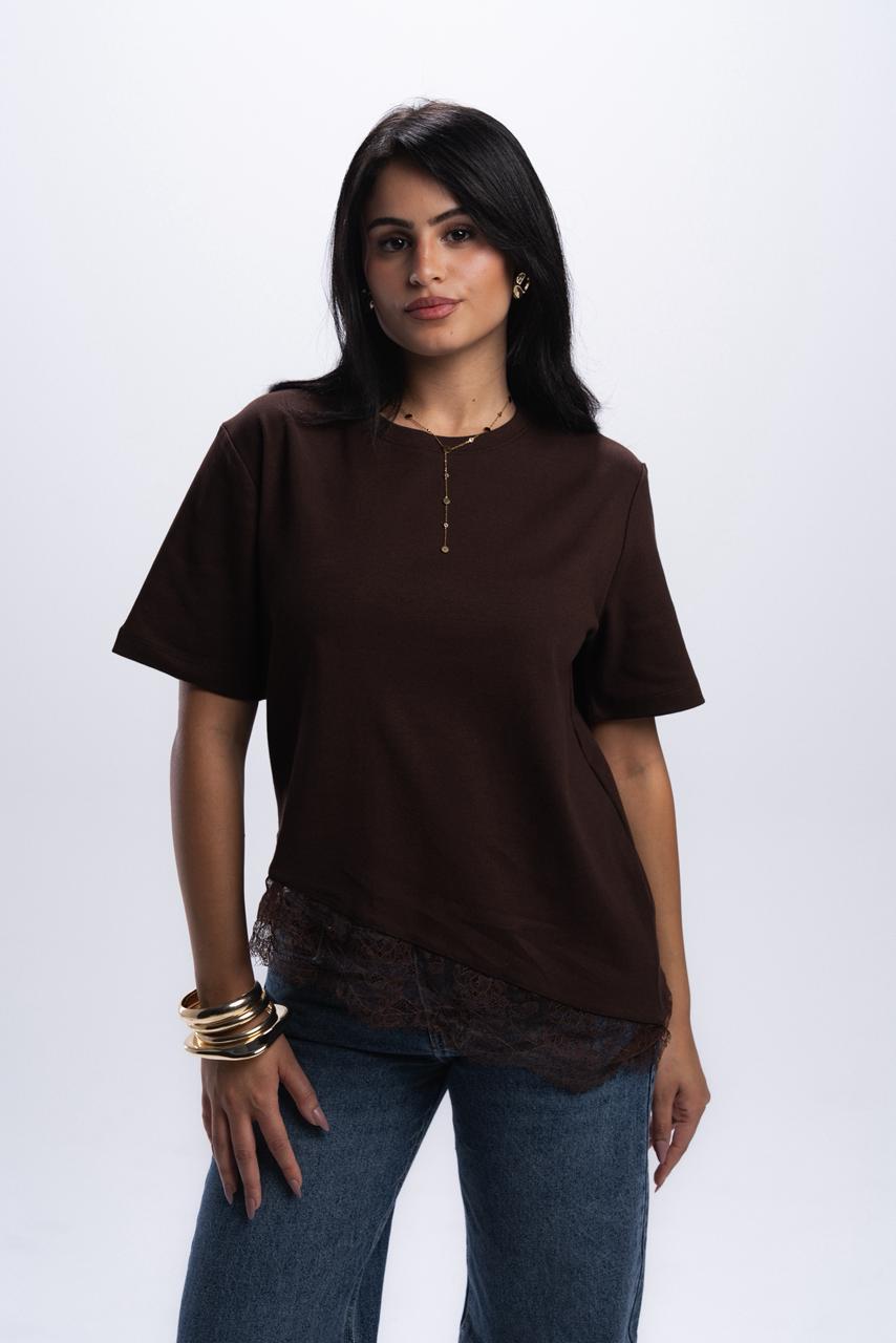 Short Sleeve Lace-Tee - Brown
