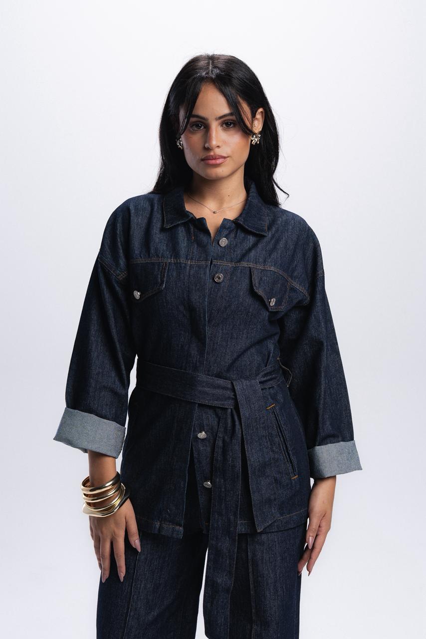 Denim Chemise With Belt - Blue Raw