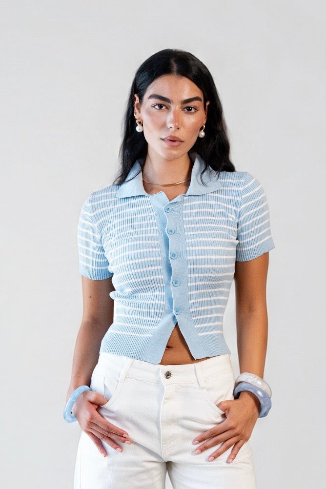 Buttoned Striped Knit Top - soft sky