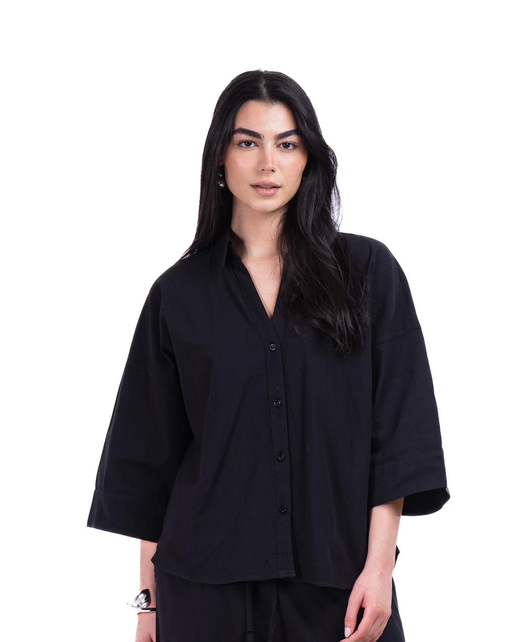 Wide Sleeve Linen Chemise - Black