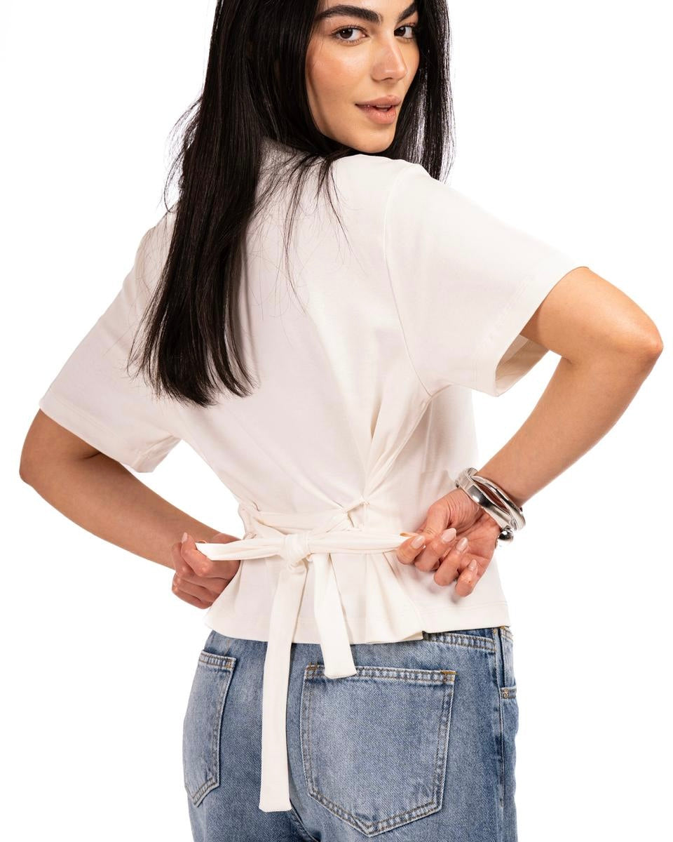 Short Sleeve Back-Tie Top - Offwhite