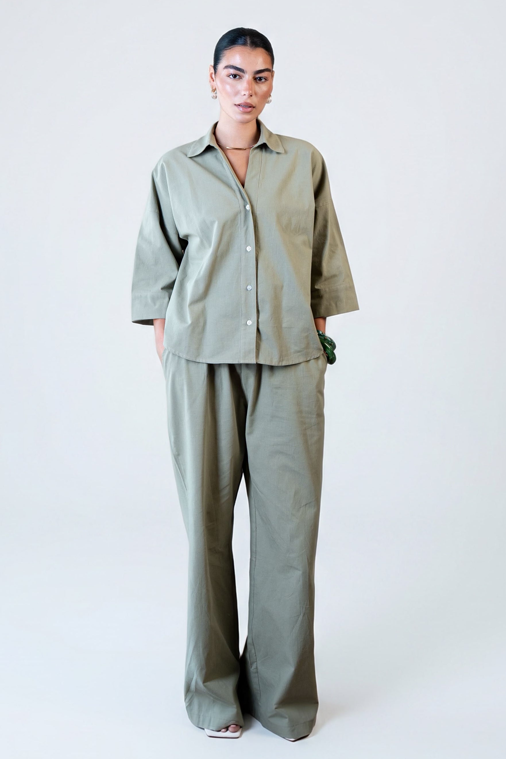 Wide Sleeve Linen Chemise -Olive