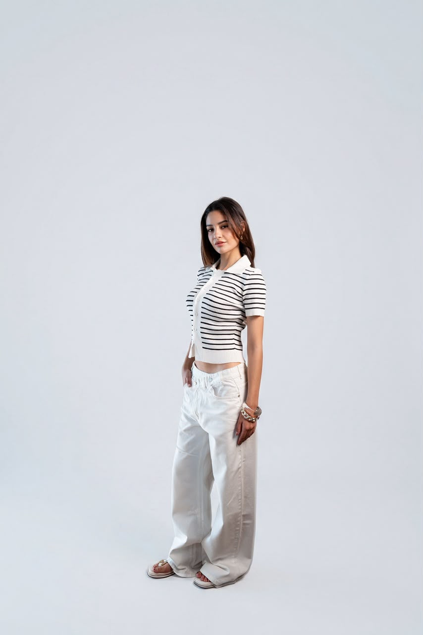 Buttoned striped knit Top - Ecru black