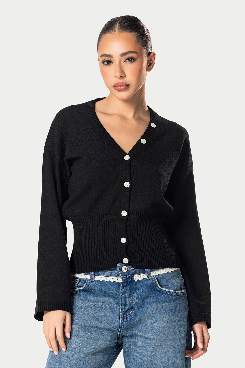 Wide Sleeve Knitted Cardigan – Black | Eighties