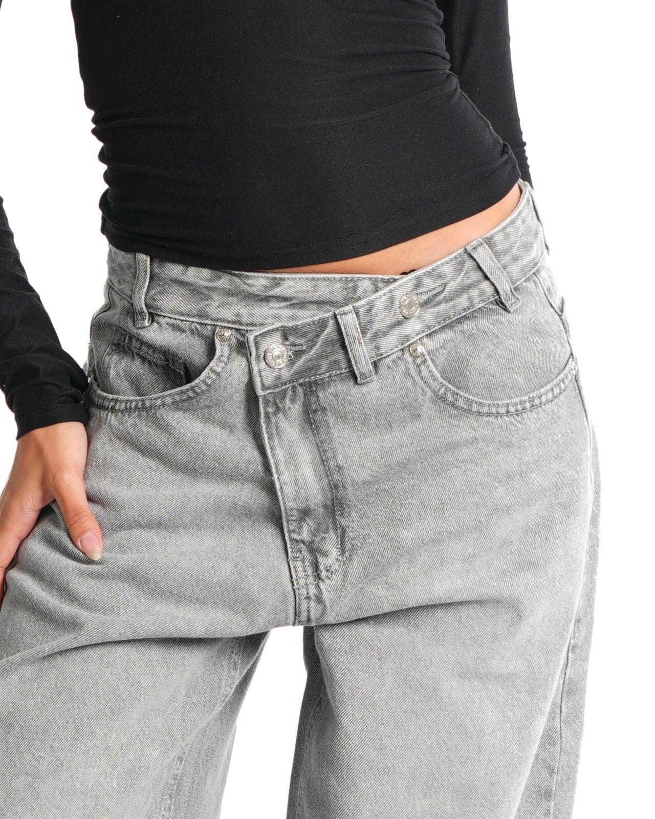 Cross-over waist wide leg jeans - light grey