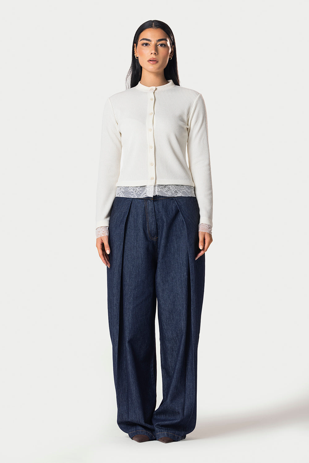 Long sleeve lace buttons top – Off white – photo 5