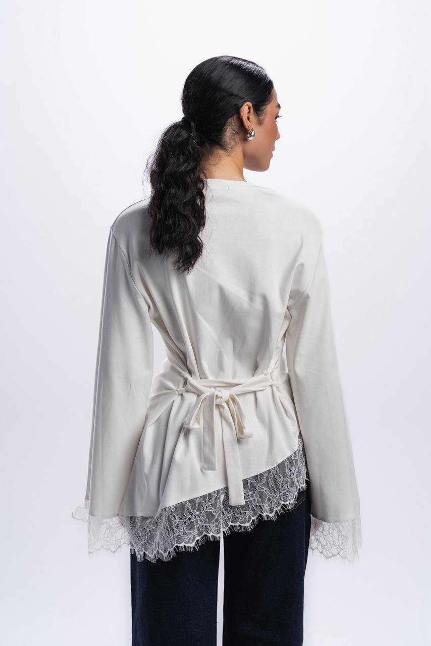 Long Sleeve Back tie lace Tee - Off white