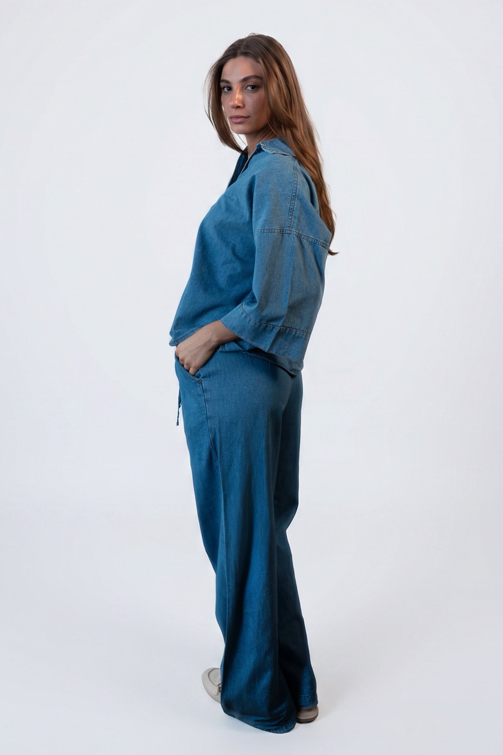 Wide Sleeve Denim Shirt - Light Blue