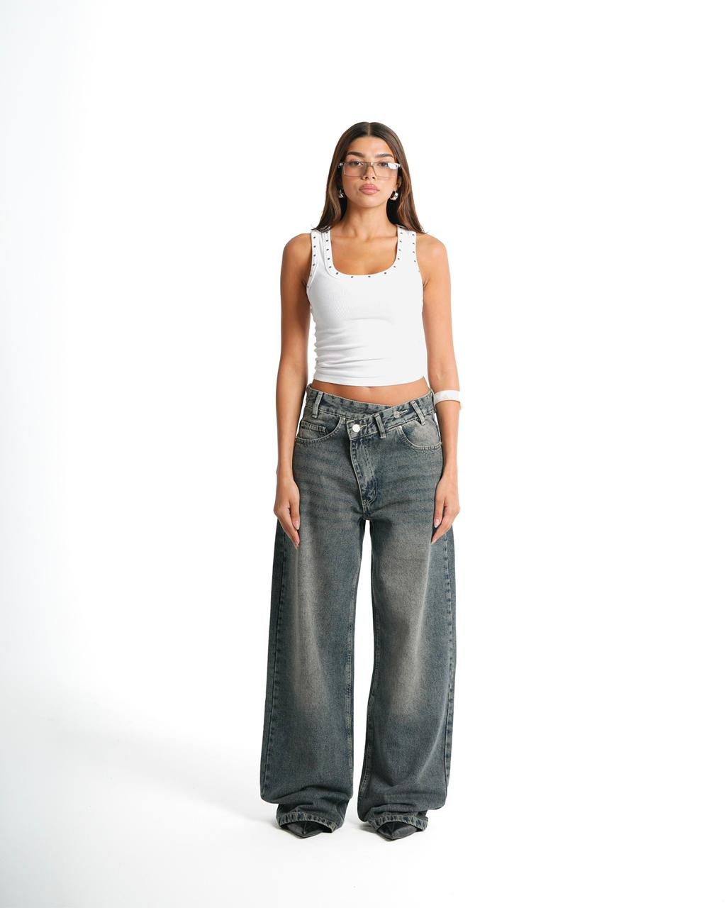 Cross-over waist wide leg jeans - Dirty Vintage