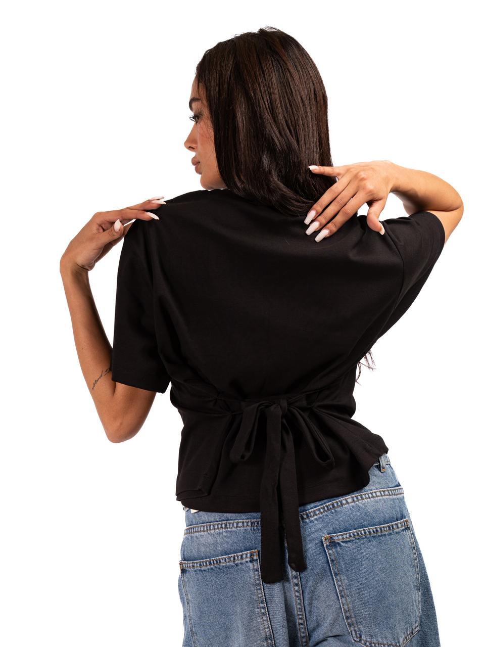 Short Sleeve Back-Tie Top -Black