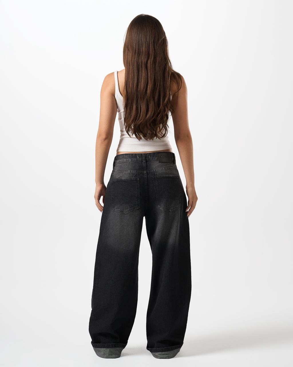 Wide-Leg Crossover Waist Jeans - Dirty black