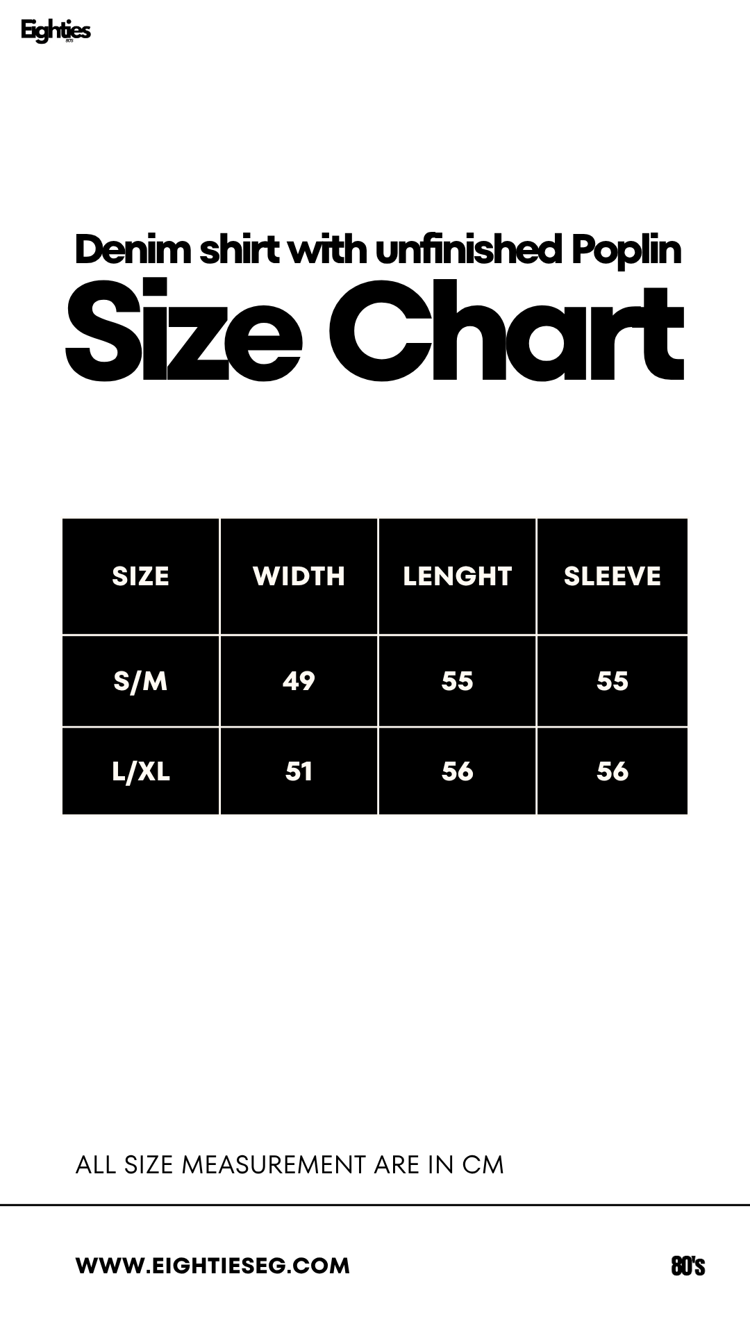 Denim Shirt with unfinished Poplin — Size chart