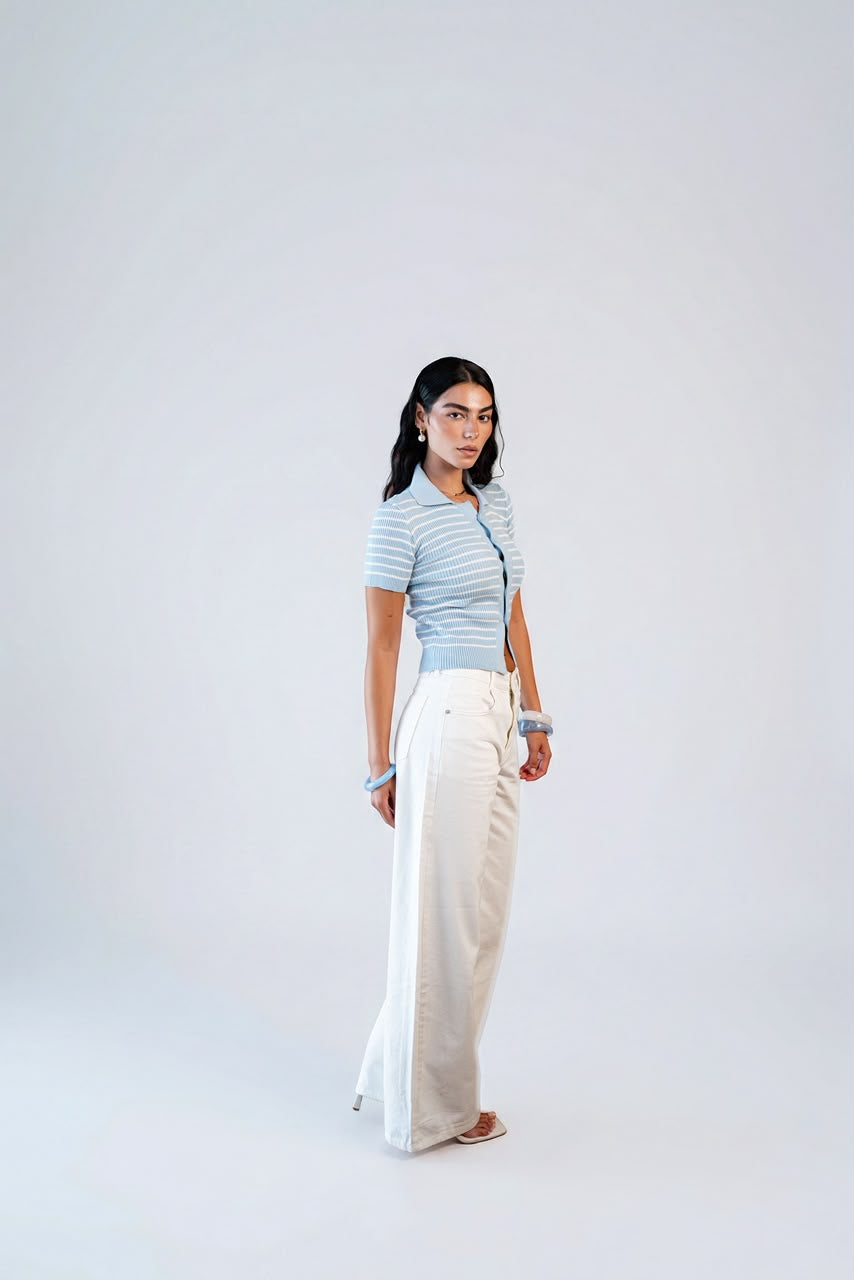 Buttoned Striped Knit Top - soft sky
