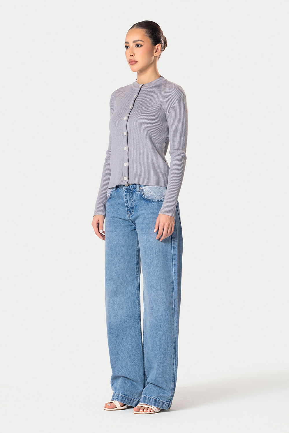 Knitted Ribbed Button Cardigan – Grey – photo 8