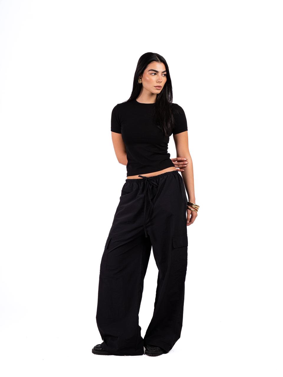 Wide Leg Parachute Pants - Black