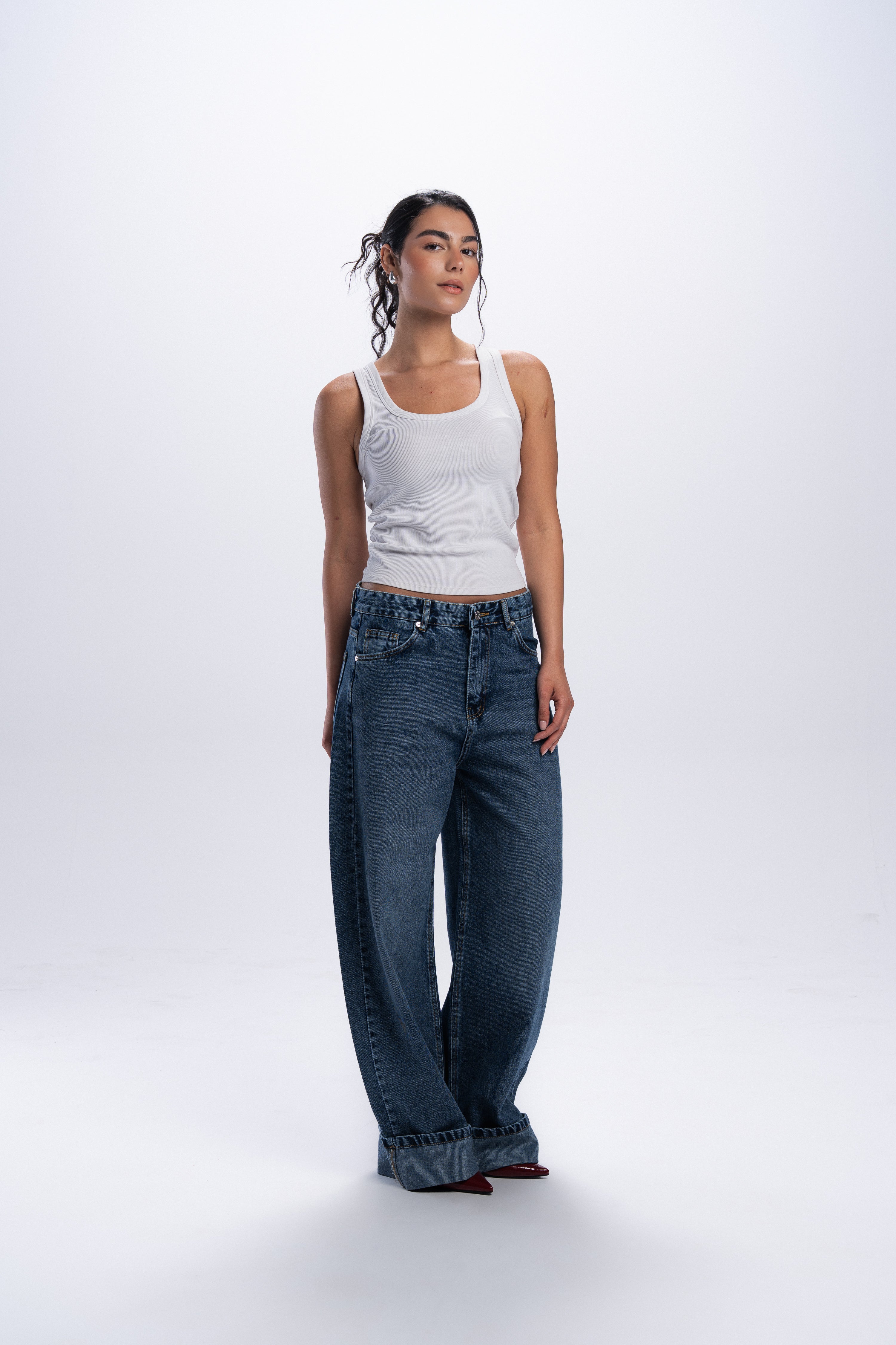 Baggy Folded Mid-Waist Jeans - Blue