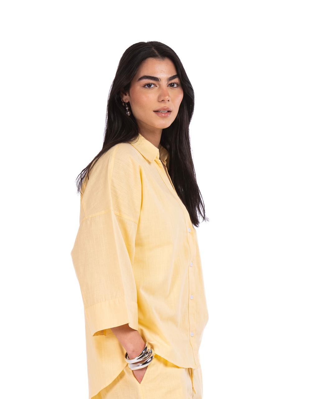 Wide Sleeve Linen Chemise -Yellow