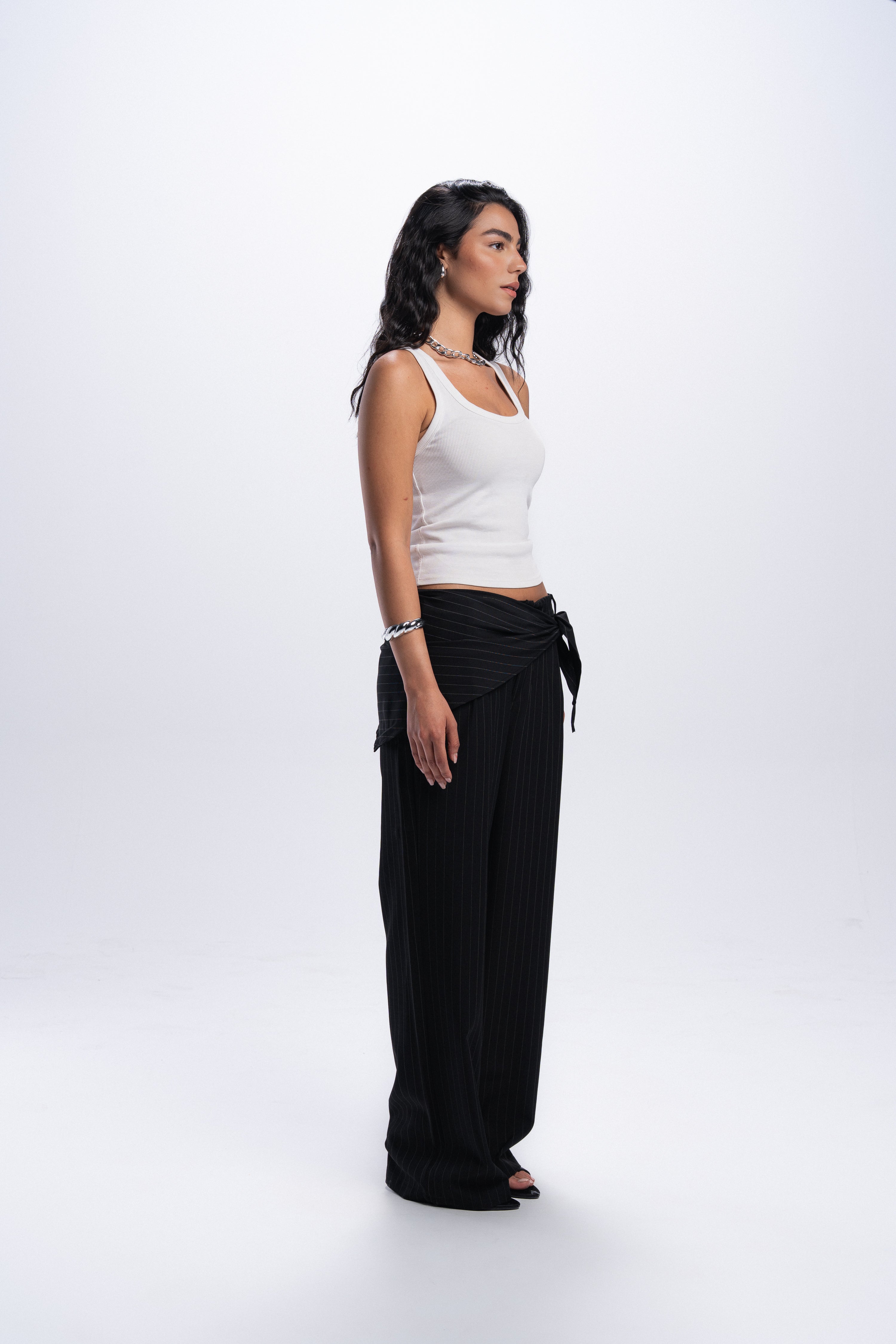 Scarf Pinstriped Pants - Black