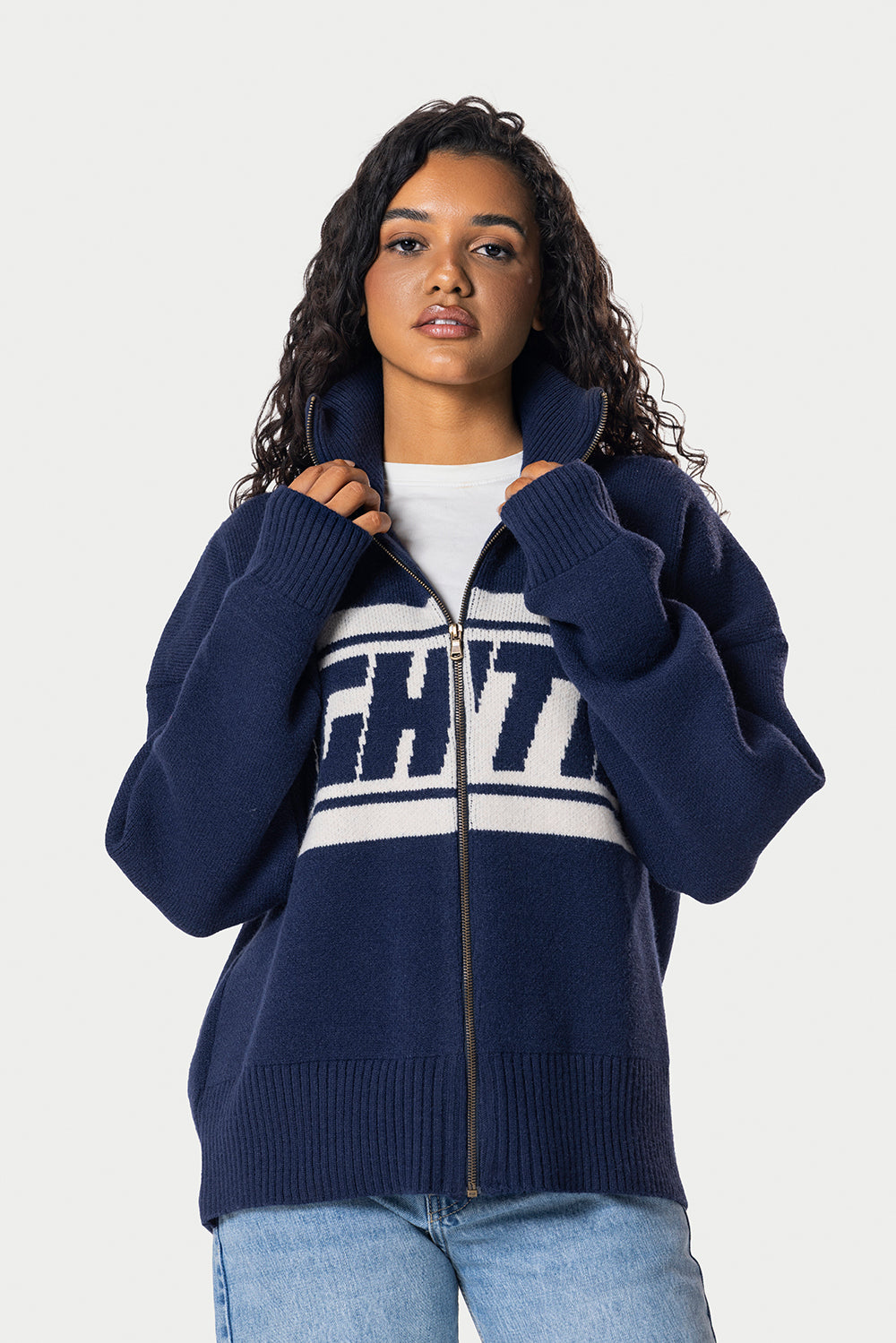Eighties Zip Up knitted Sweater – Navy Blue – photo 2