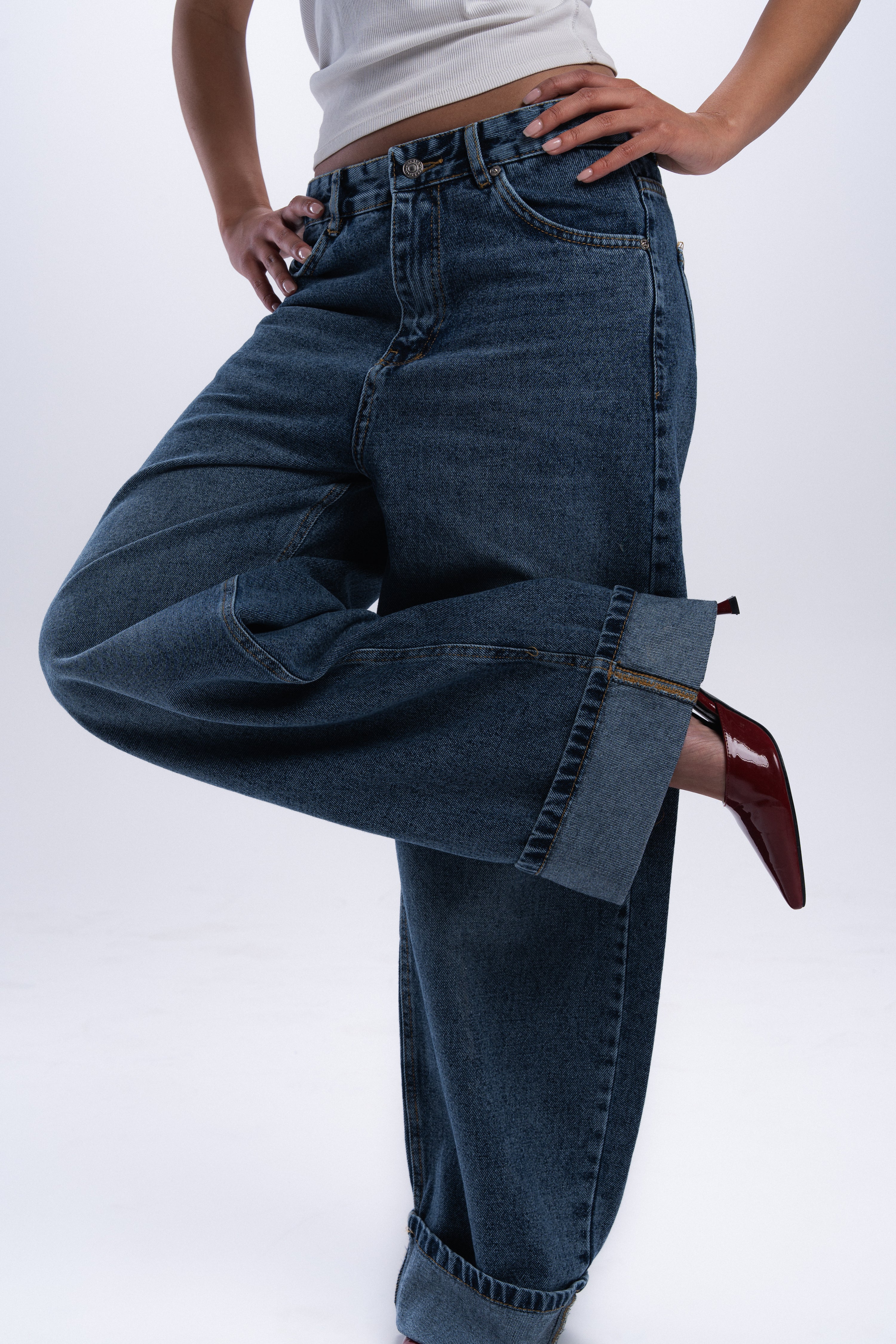 Baggy Folded Mid-Waist Jeans - Blue