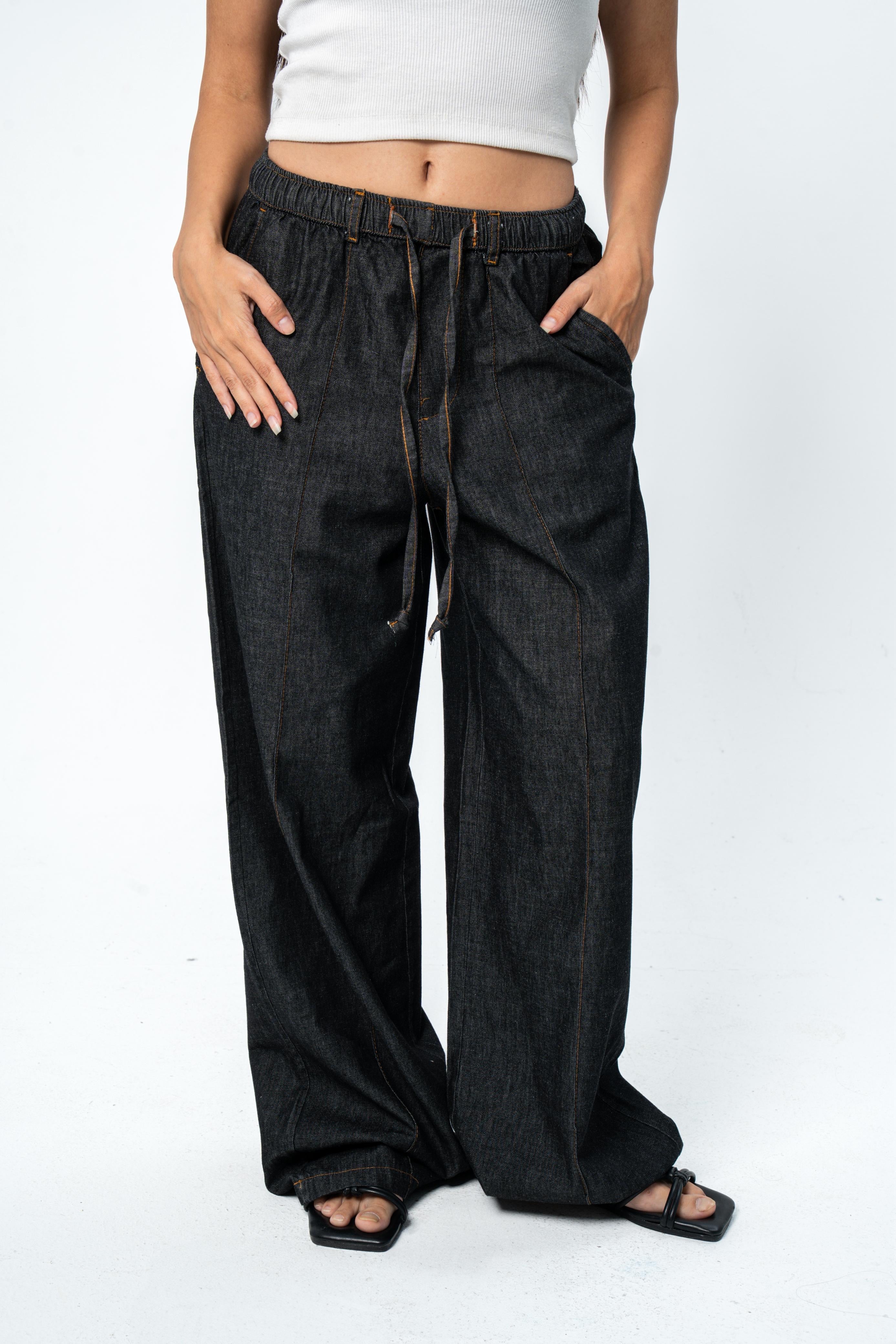High Waist Wide Leg Denim - Dark Black