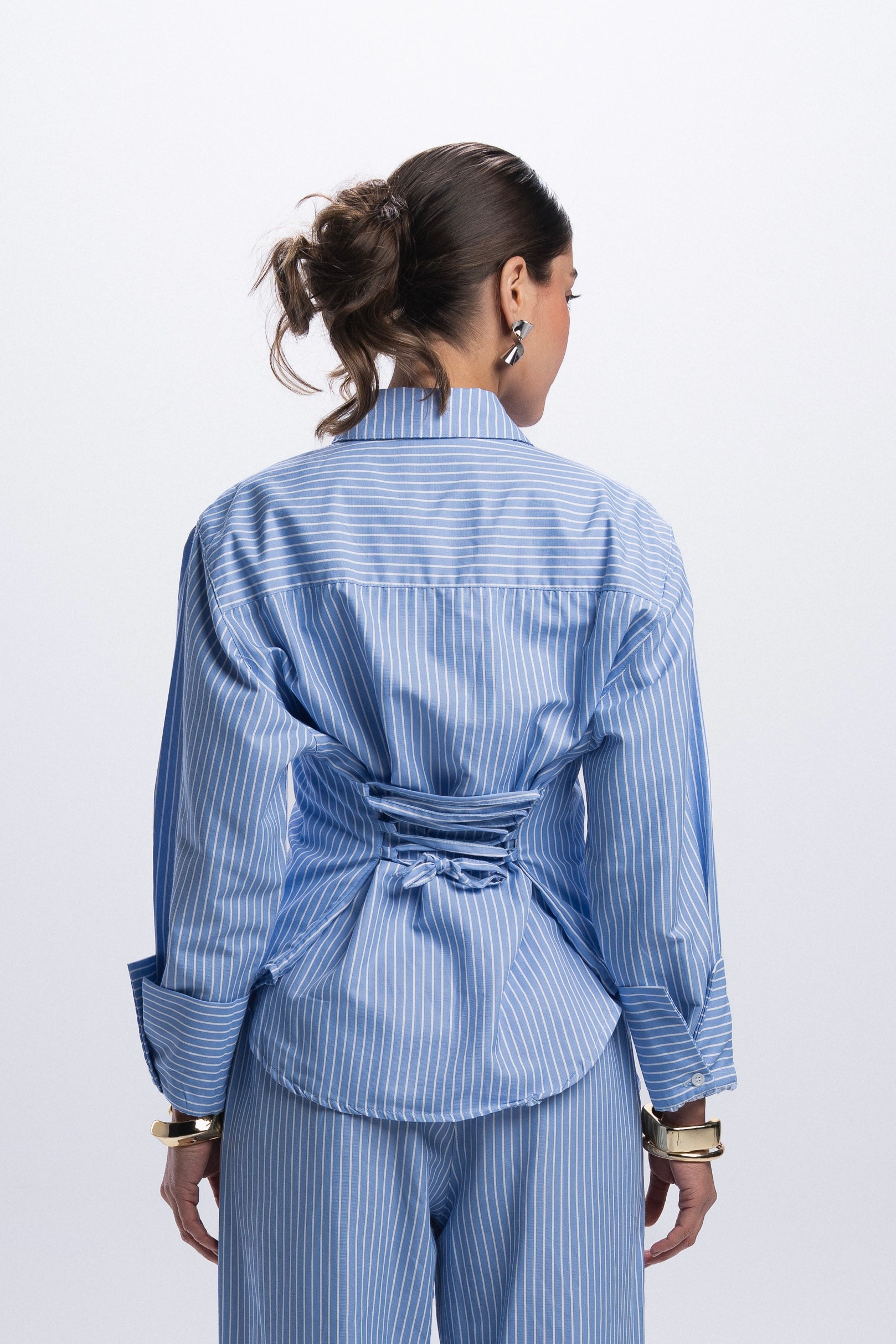 Back Tie Poplin Shirt - Blue striped