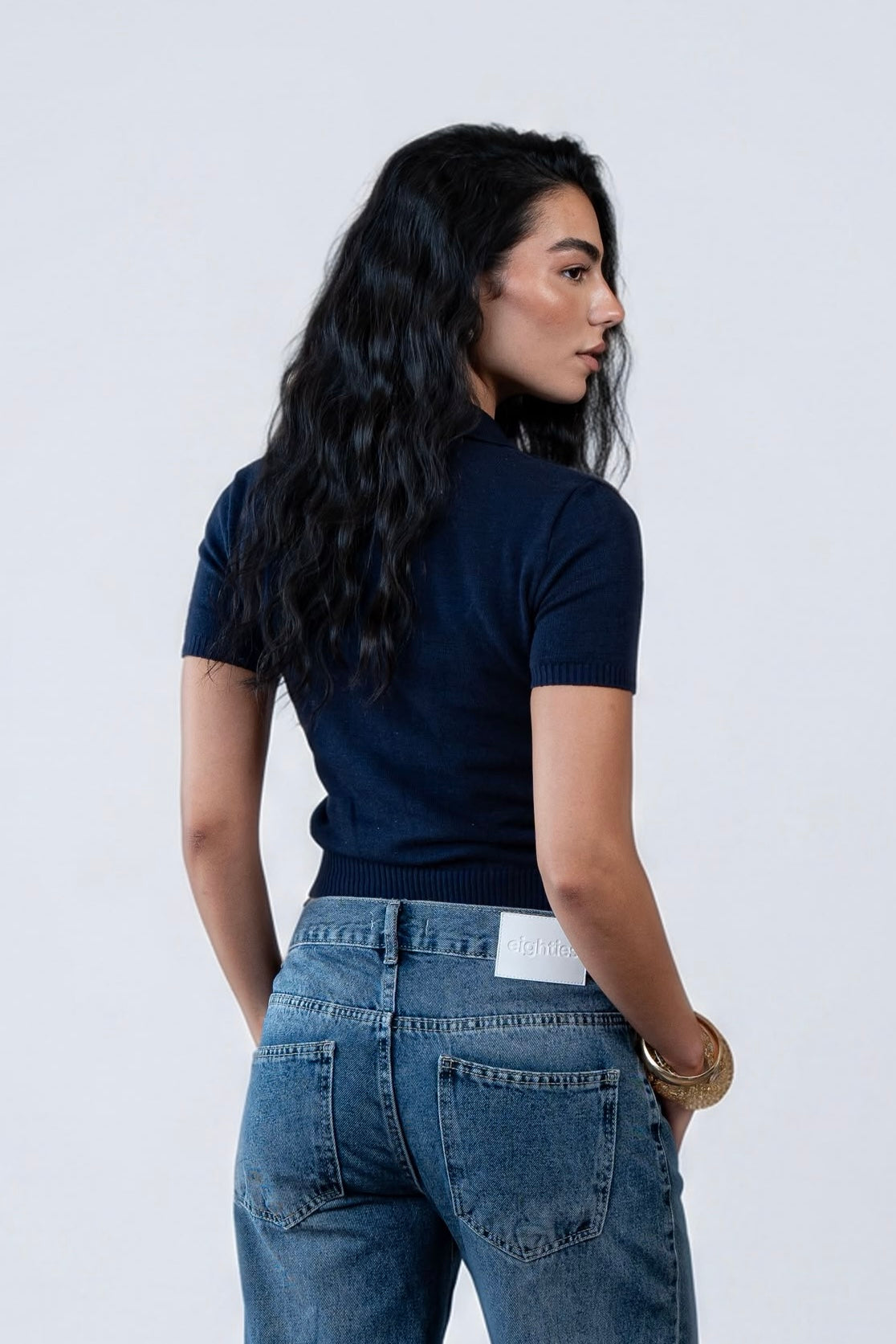 V-Neck Knitted Polo - Navy Blue