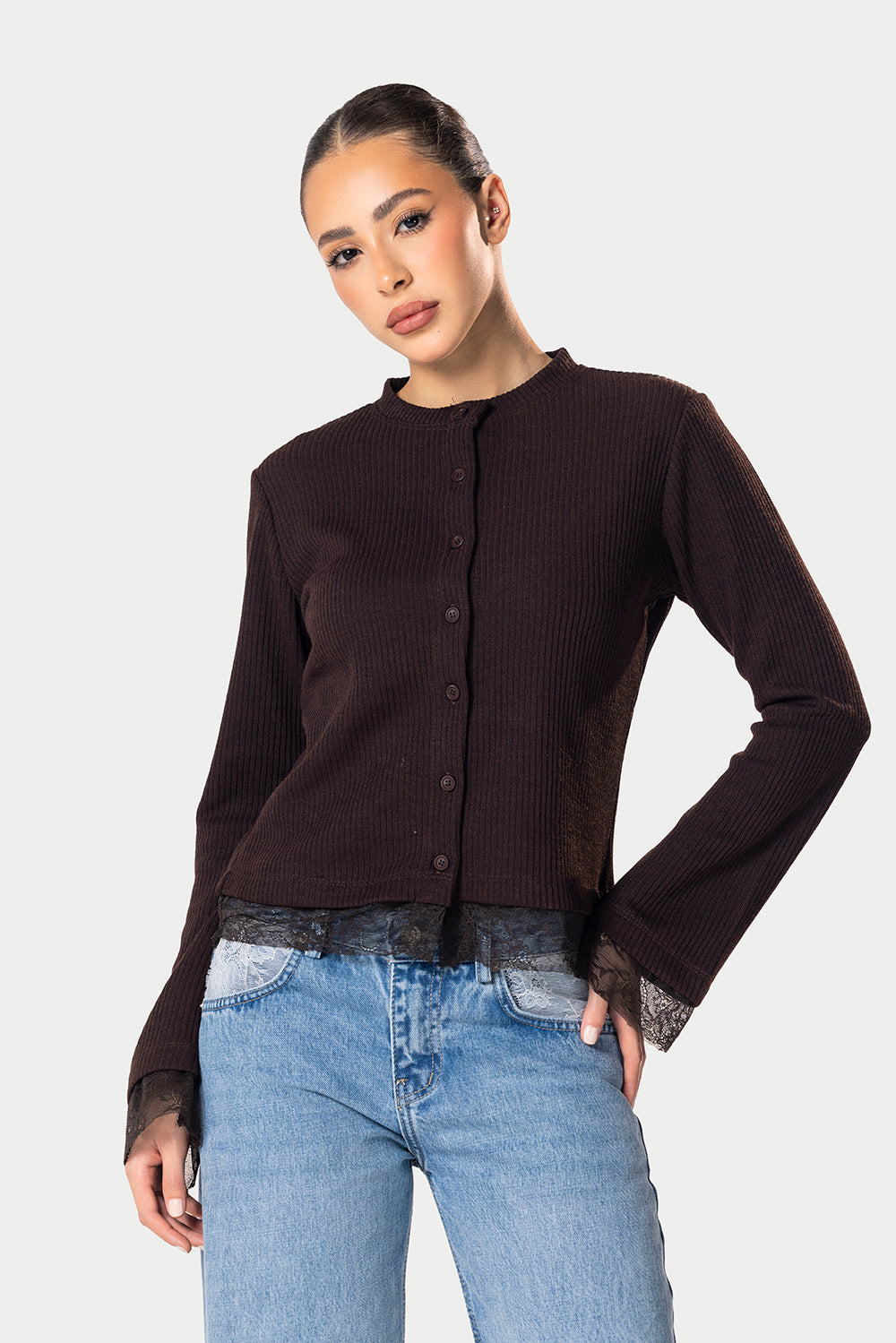 Long sleeve lace buttons top – Brown – photo 2