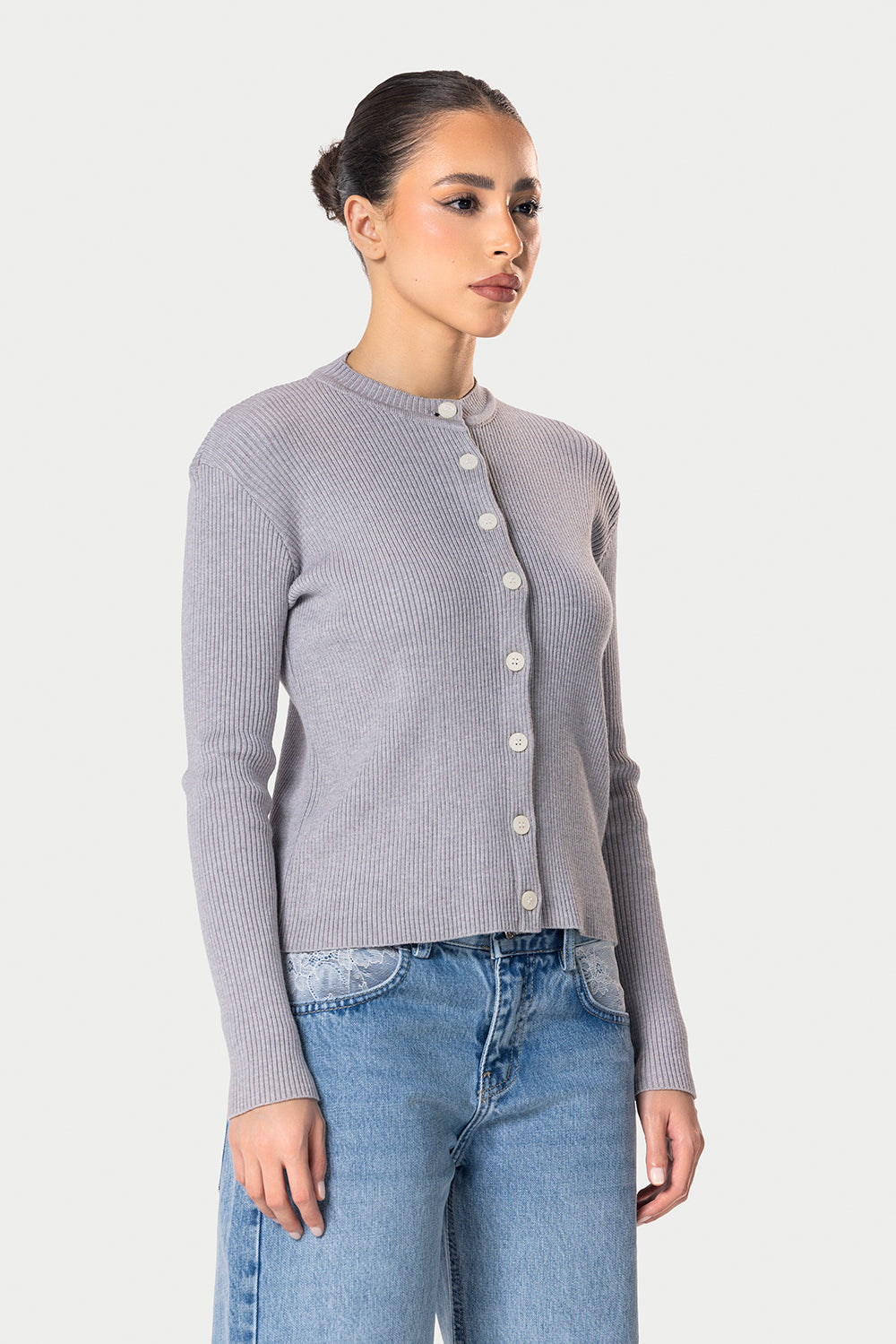 Knitted Ribbed Button Cardigan – Grey – photo 3