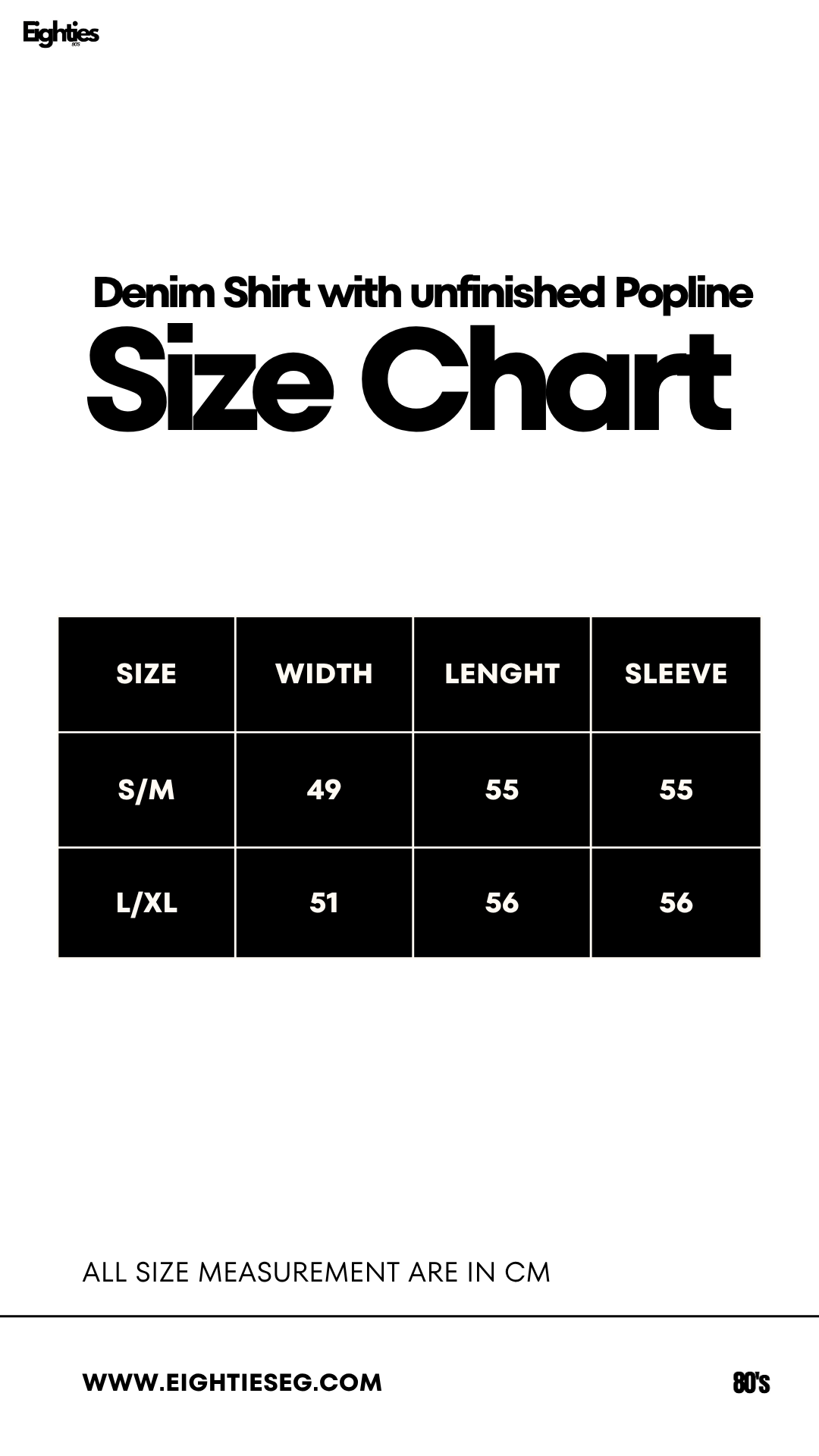 Denim Shirt with unfinished Popline — Size chart