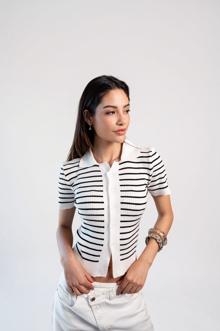 Buttoned striped knit Top - Ecru black