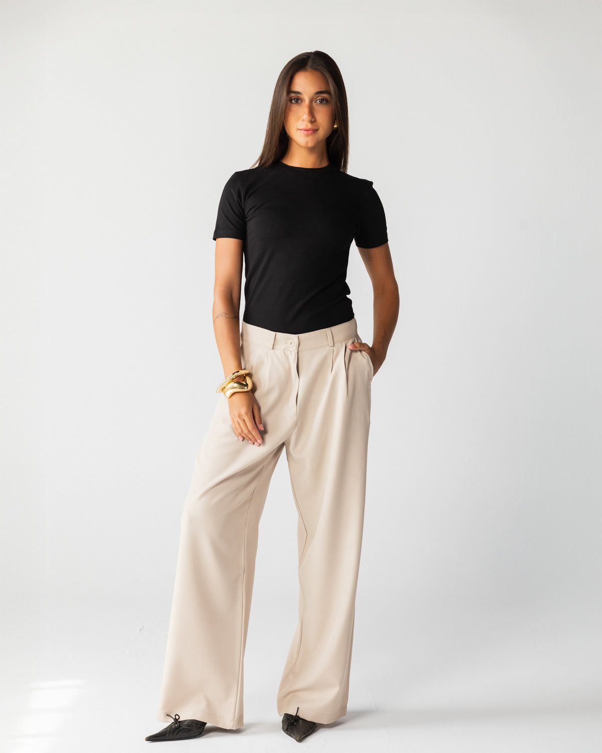 Wide Leg Tailored Pants- Beige
