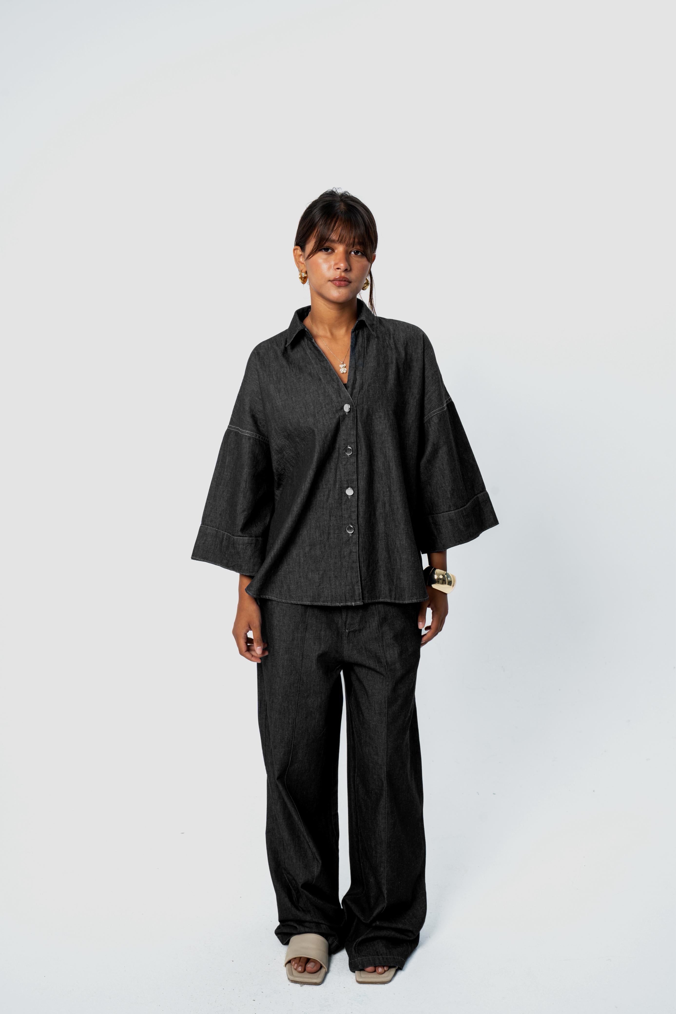 WIDE SLEEVE DENIM SHIRT - Dark Black