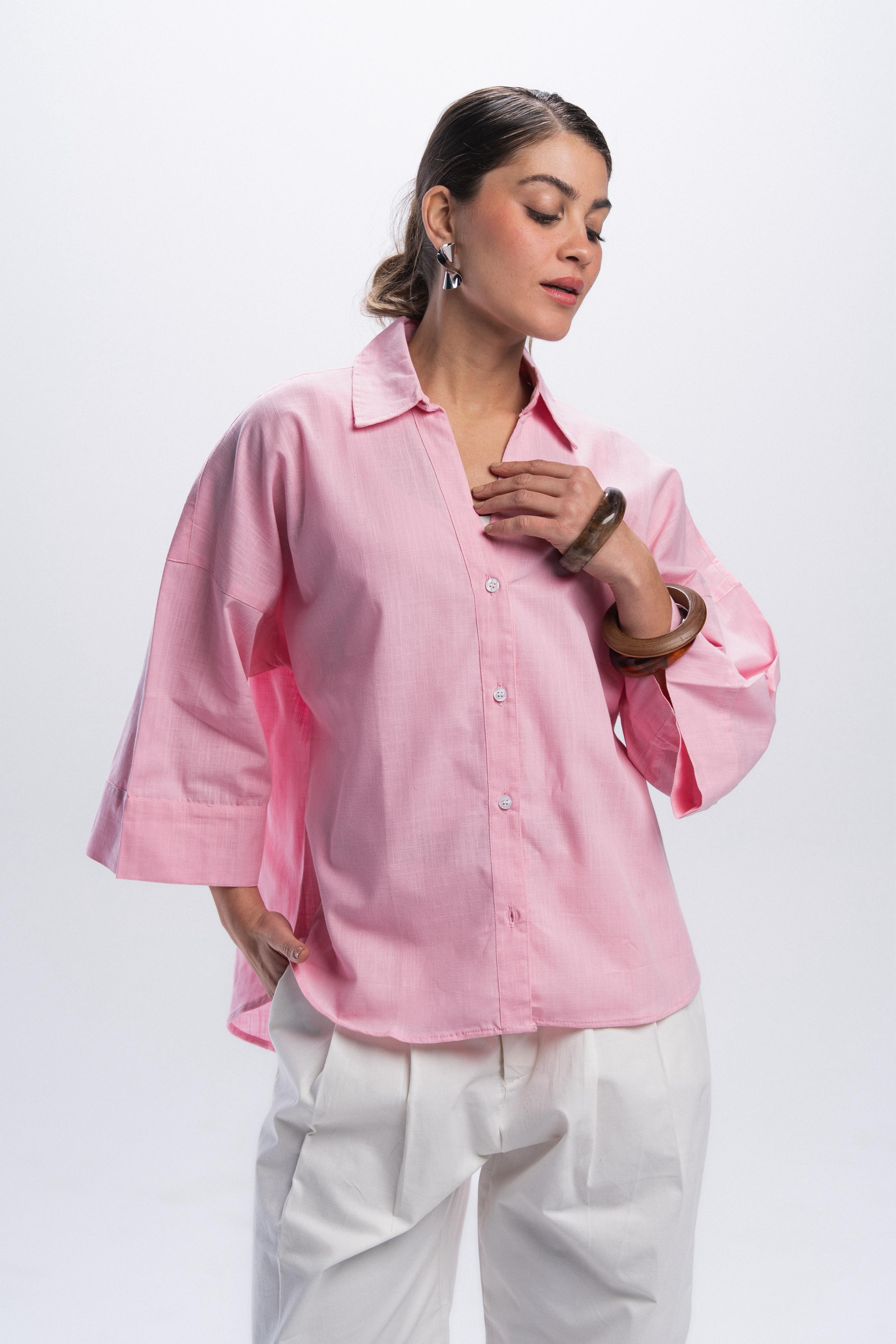 Wide Sleeve Linen Shirt - Pink