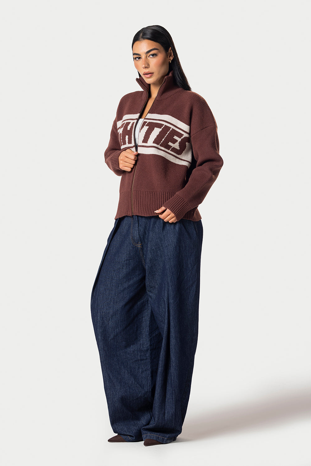 Eighties Zip Up knitted Sweater – Brown – photo 9