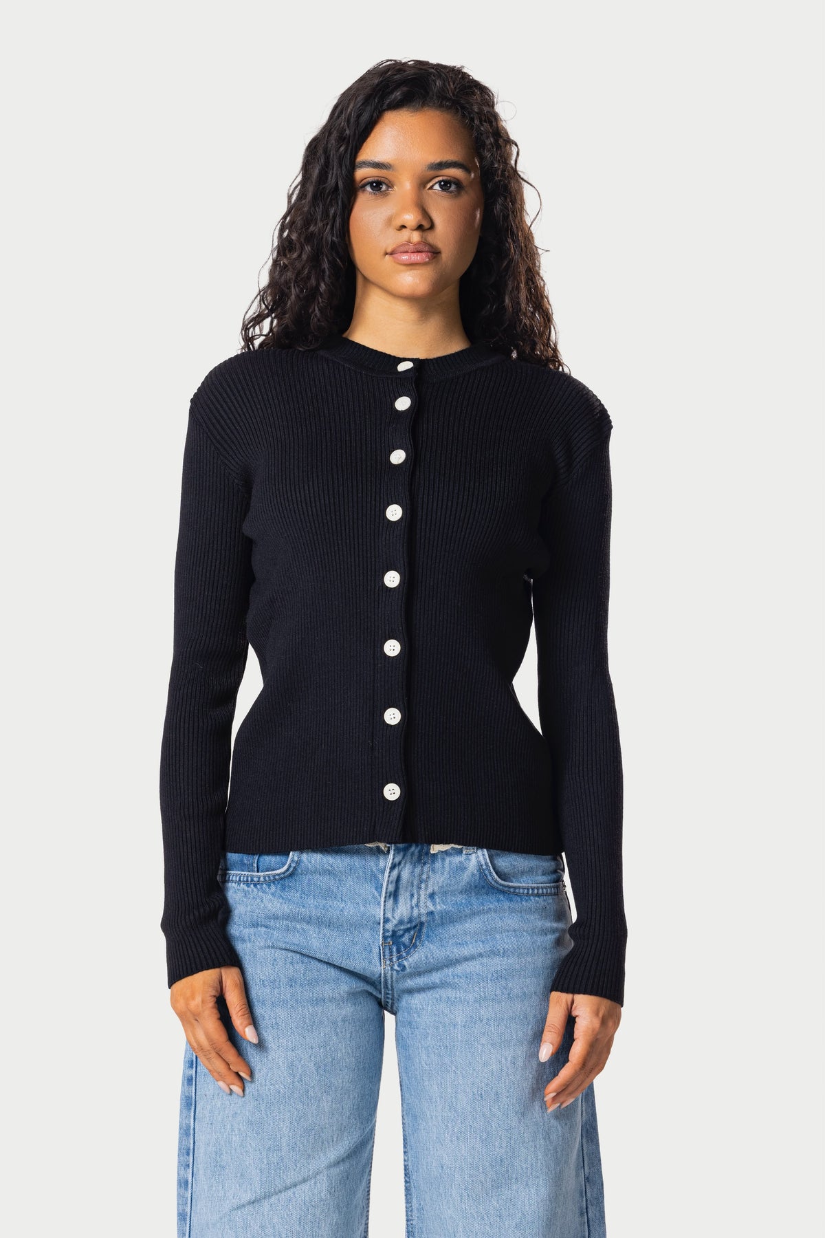 Knitted Ribbed Button Cardigan – Black | Eighties