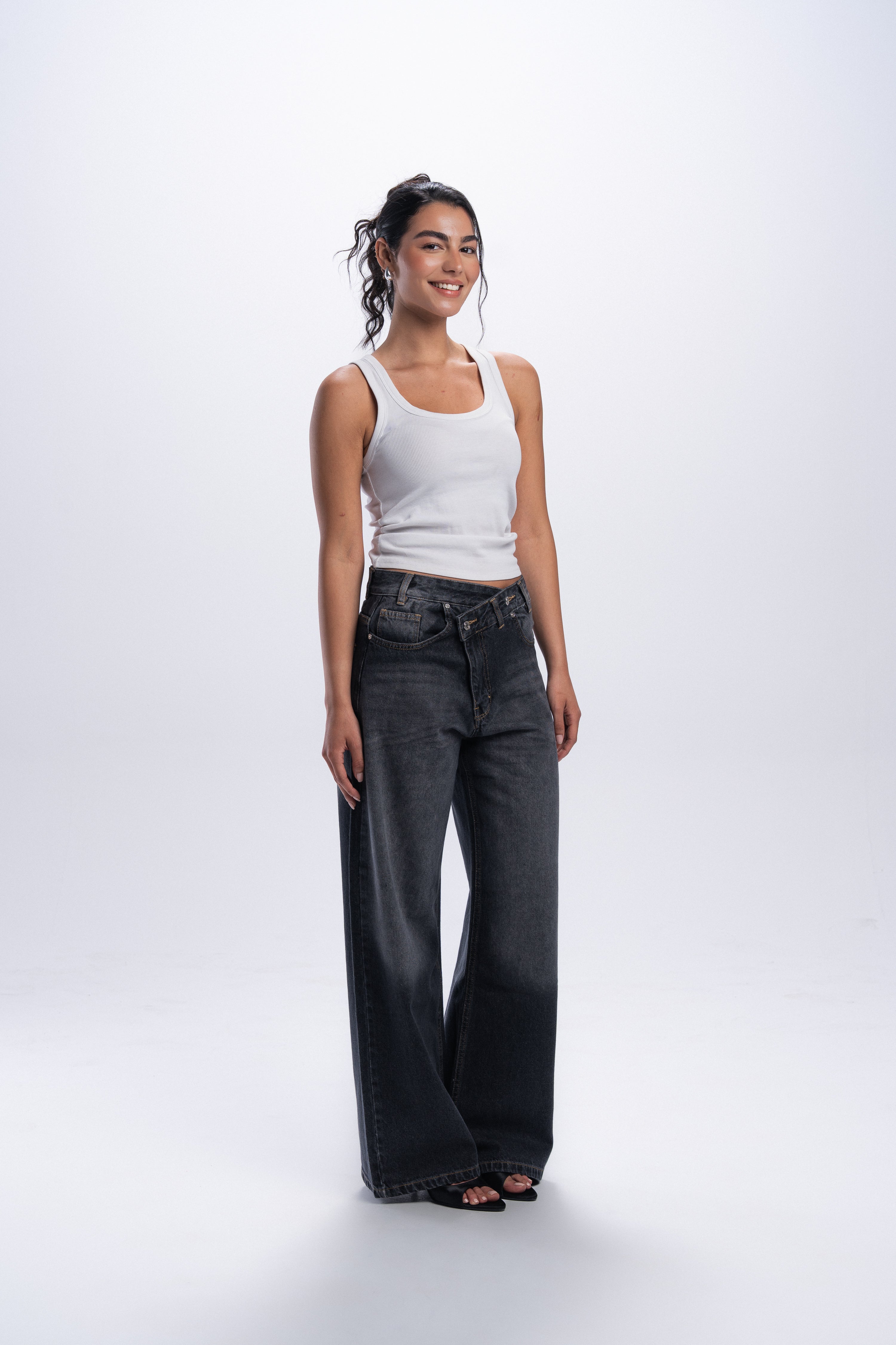 Cross-over waist wide leg jeans - Dark grey