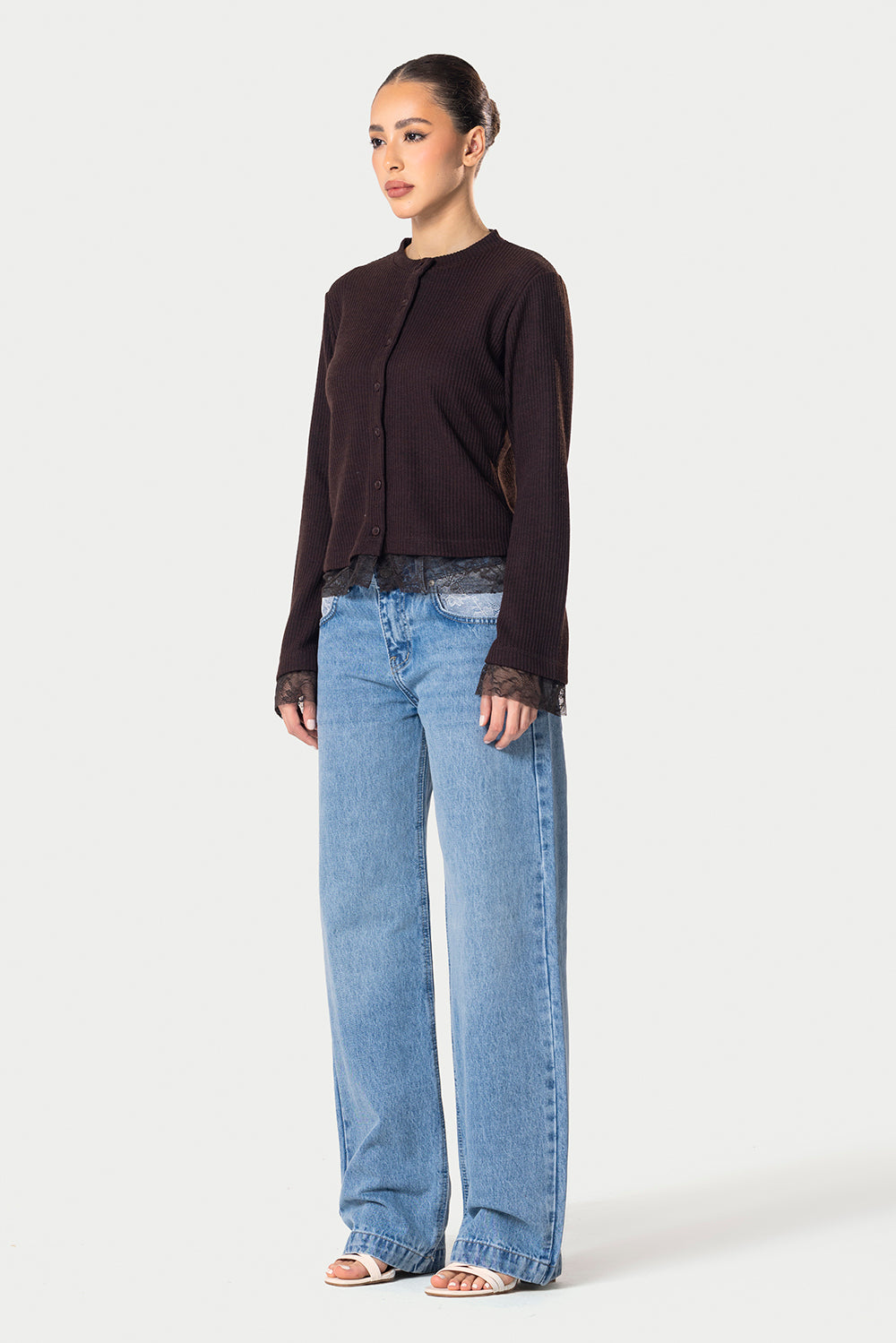 Long sleeve lace buttons top – Brown – photo 5