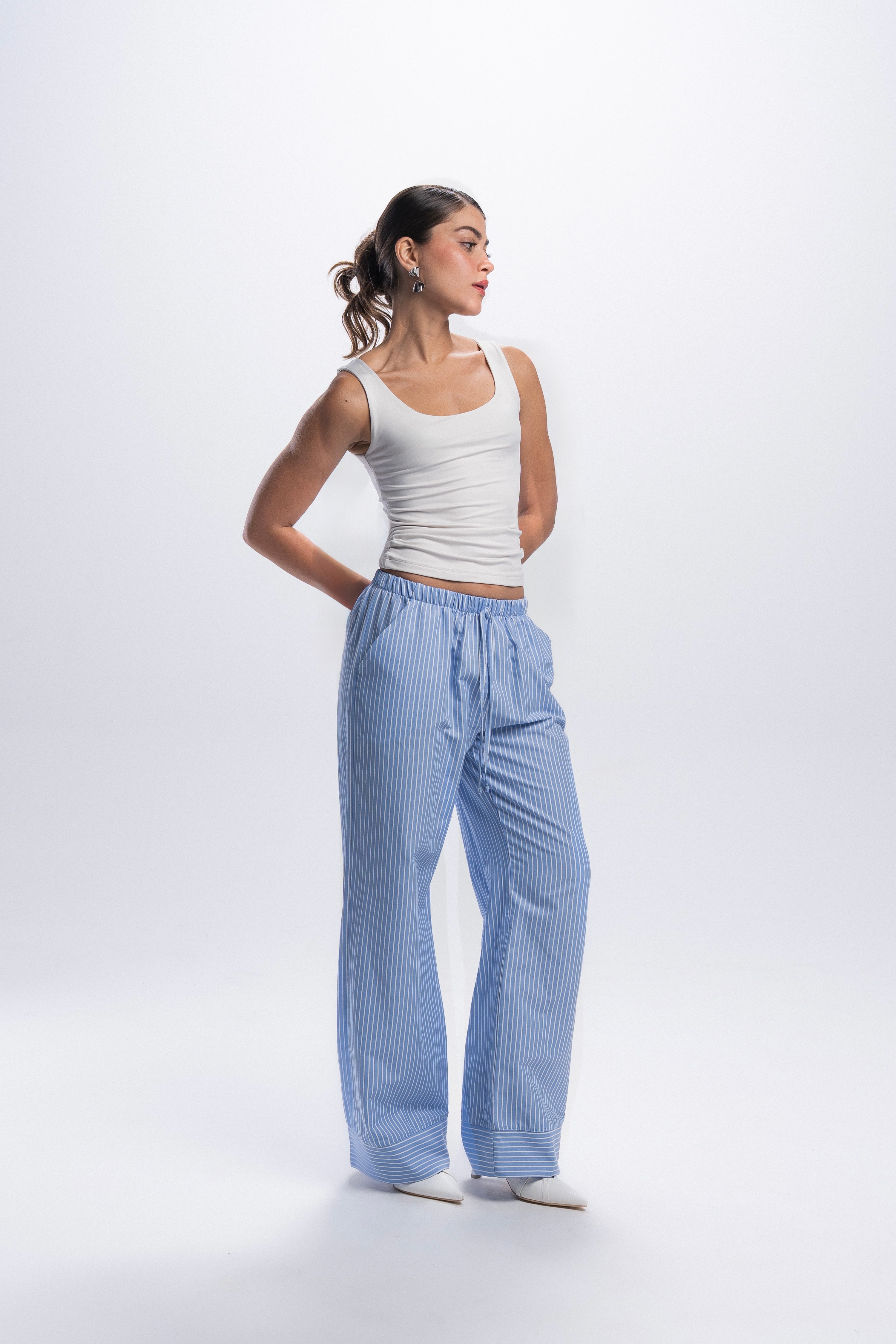 Striped Poplin Pants - Blue