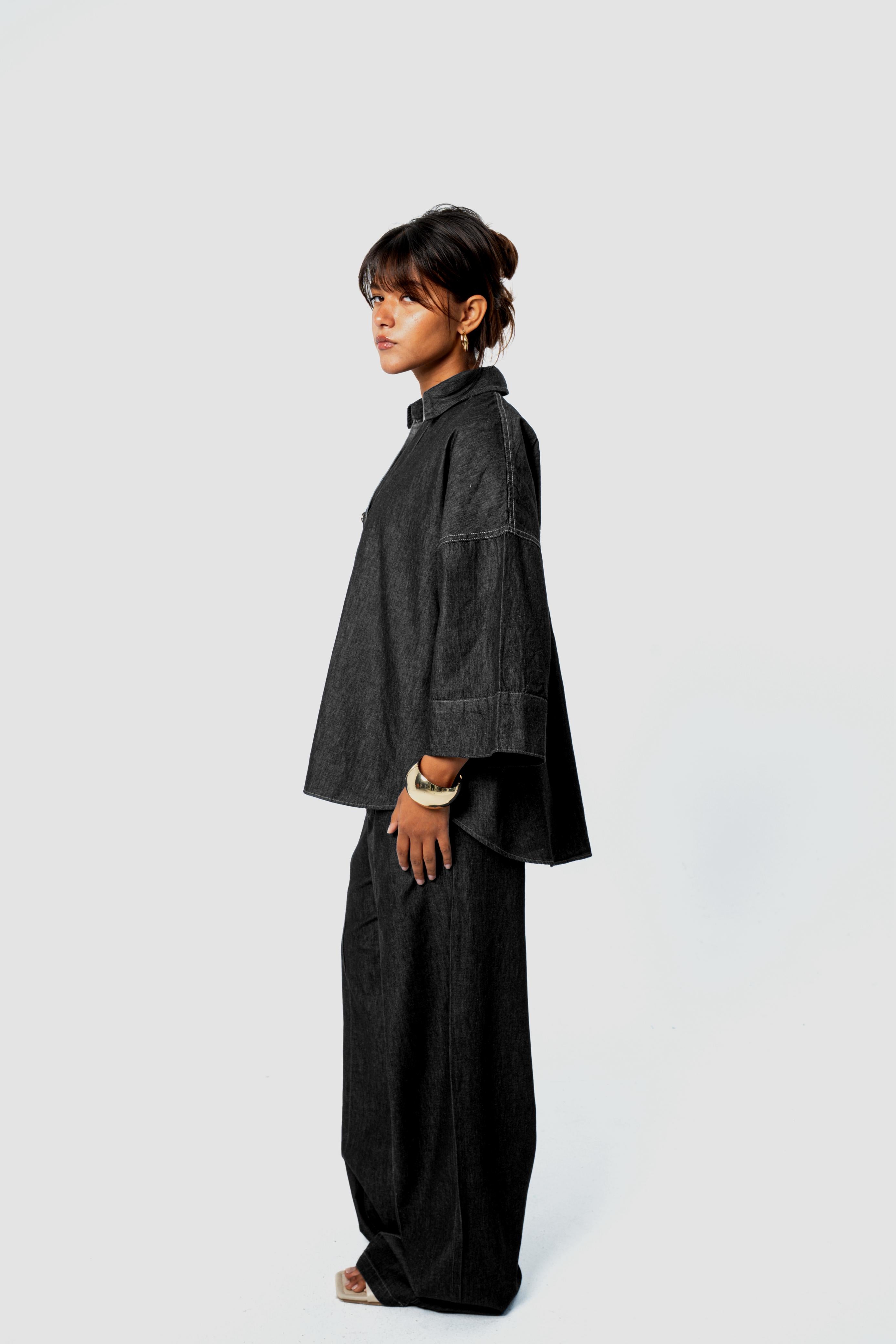 WIDE SLEEVE DENIM SHIRT - Dark Black
