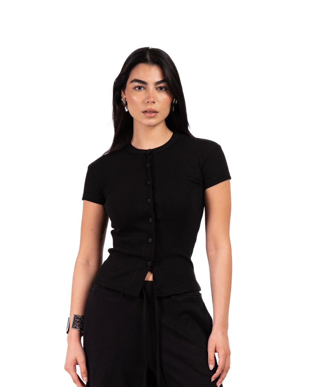 Short Sleeve buttons top - Black