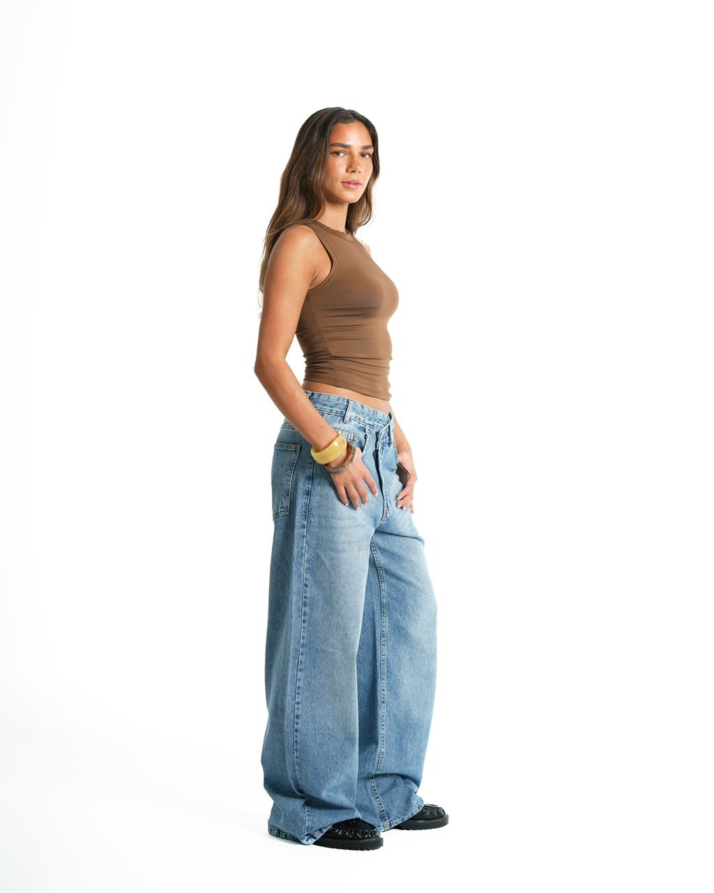 Cross-over waist wide leg jeans - Sky blue