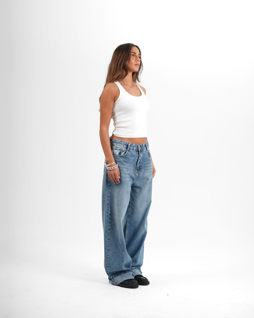 Baggy Folded Mid-Waist Jeans - light blue
