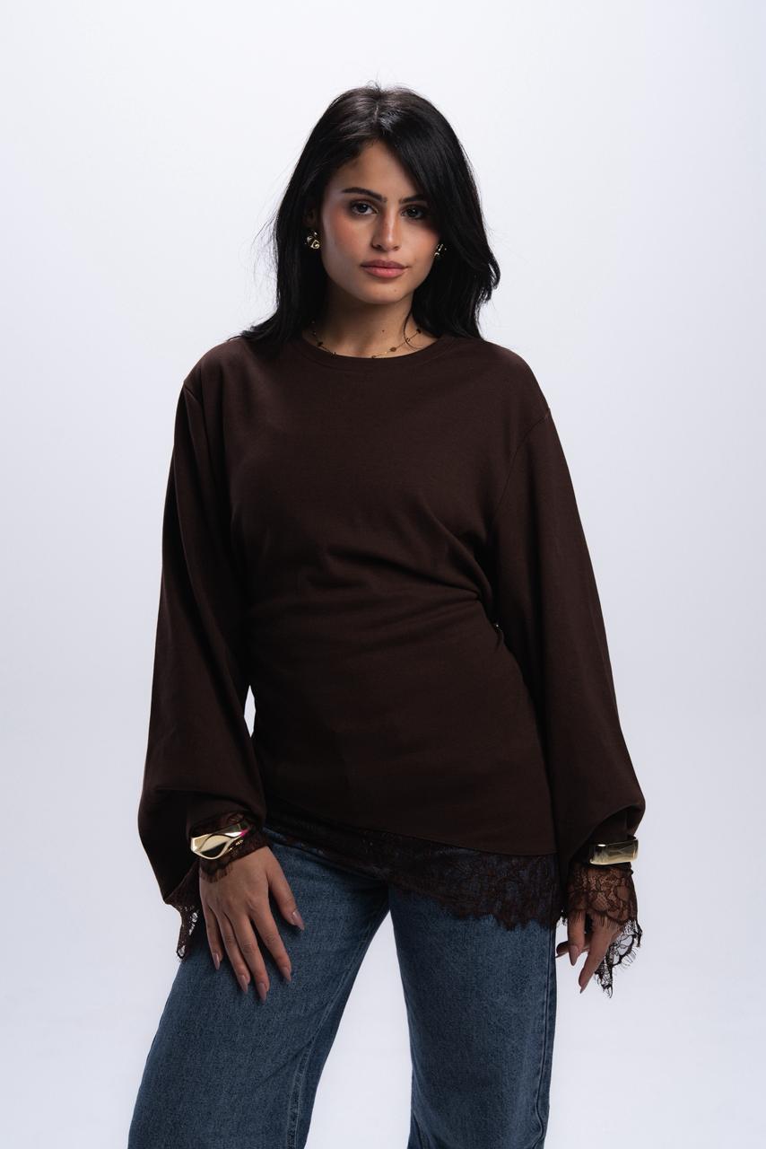 Long Sleeve Back tie lace Tee - Brown