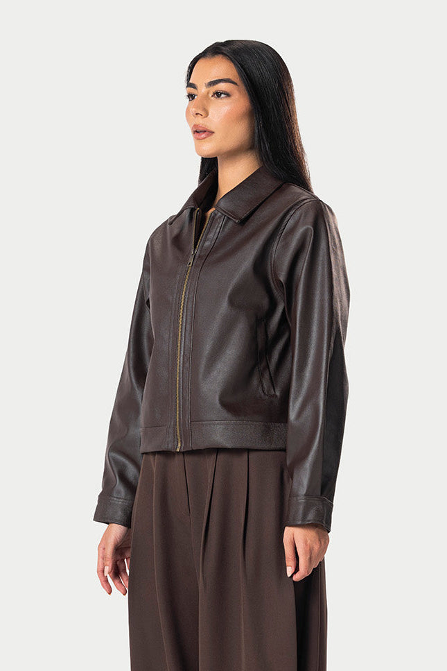 Cropped Leather Jacket – Brown – photo 3