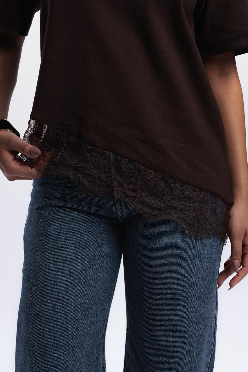 Short Sleeve Lace-Tee - Brown